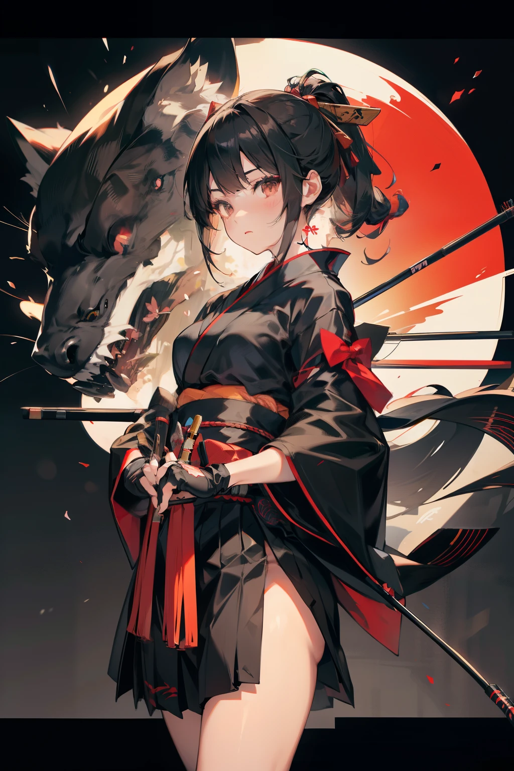 black kimono, hakama skirt, partially fingerless gloves, muneate
1 girl in, solo, archery,bow,Arrow,