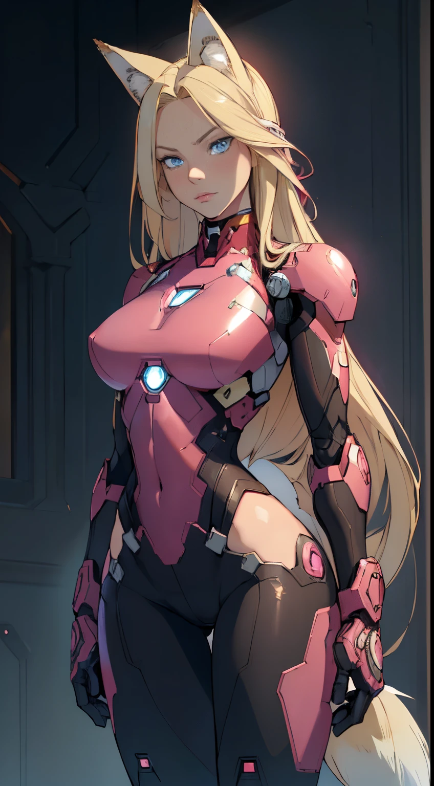 Beautiful 1girl, full body, ager, solo, (very long waist length blonde hair, straight blonde hair: 1.28), ((light blue eyes)), clear skin, (large darker fox ears: 1.35), pale skin, medium breasts, cleavage, (thin hips, thin waist , athletic body: 1.25), (arched back:1.12), detailed skin, mischievous face, pouting, revealing clothes, (wearing wearing a futuristic Iron Man suit, black and pink color scheme, highly detailed)), 8k textures, soft light, elegant, highly detailed, sharp focus, soothing tones, insane details, intricate details, hyperdetailed, low contrast, exposure blend, hdr, faded