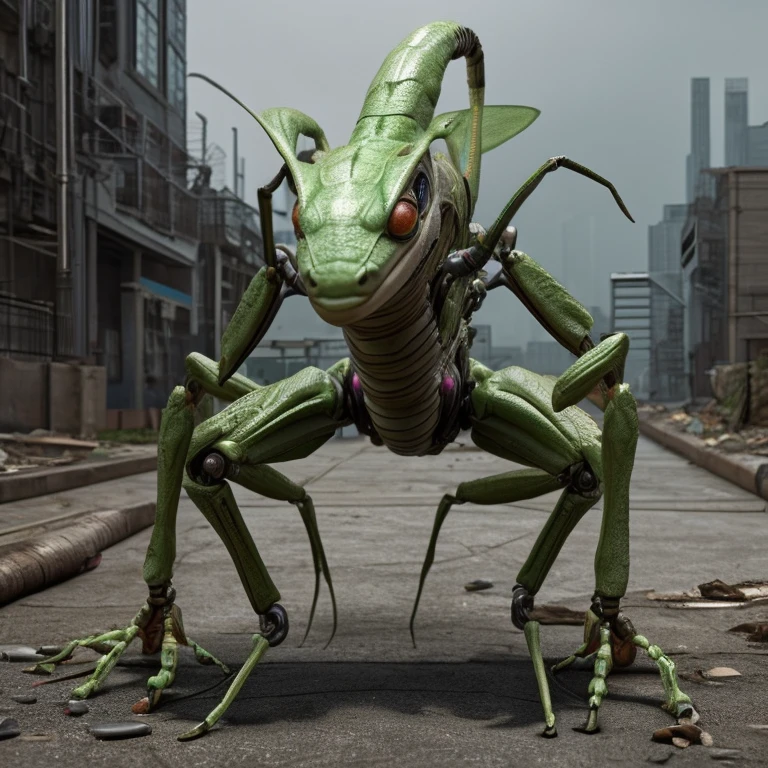 epic realistic, praying mantis, robotic, rocket launcher, hyper realistic object, with abandon city as background