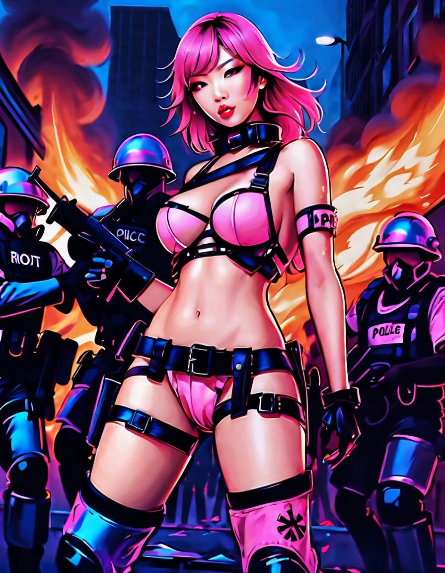 modern city with rioters and police fighting each other in the streets, burning cars, broken bottles and glass, molotov cocktails, fire, burning buildings, bright flashing police lights, fire trucks and ambulances, soldiers in riot gear, two beautiful nude Asian women walk away down the street revealing their backside and ass wearing thigh high high heeled boots and garter belt ,pink, or blue, or black or white fishnet stockings and a pink garter belt,wearing riot armor marked make peace not love, graffiti