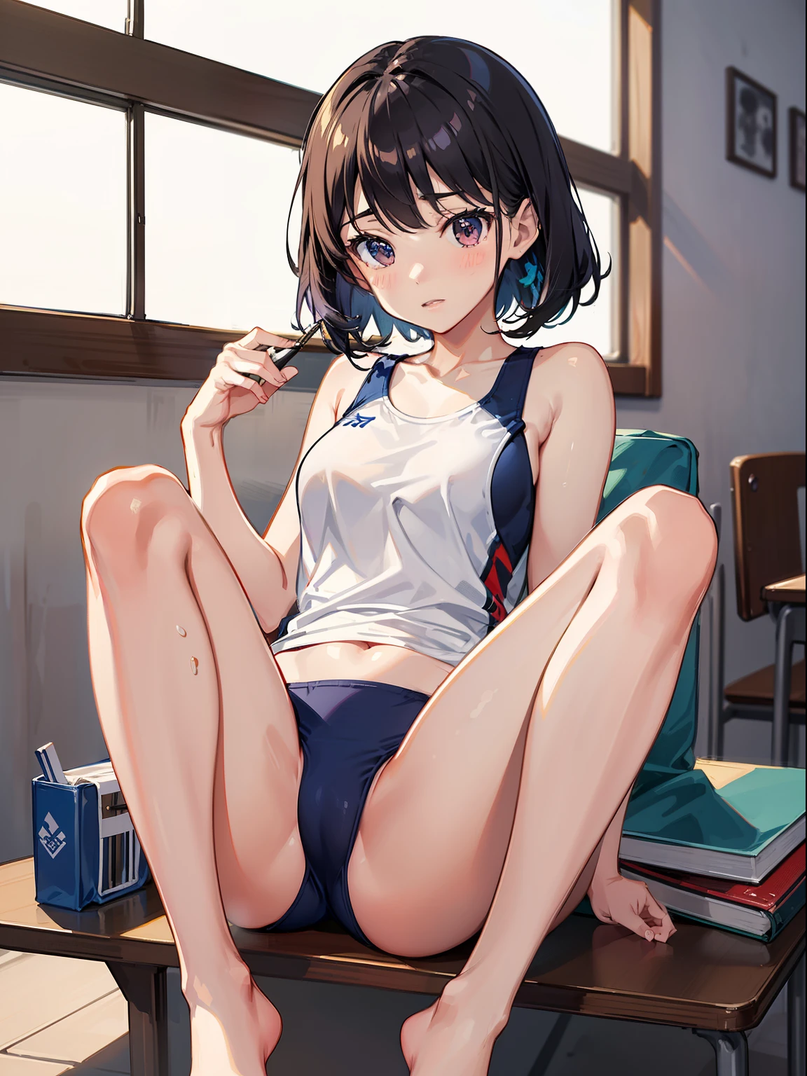 {Japanese slender beautiful girl}, high resolution, best quality, {masterpiece}, ultra-detailed, {school swim suit}, , wedgie, caustics, detailed, cinematic lighting, white short hair, no blash cheeks, school class room
