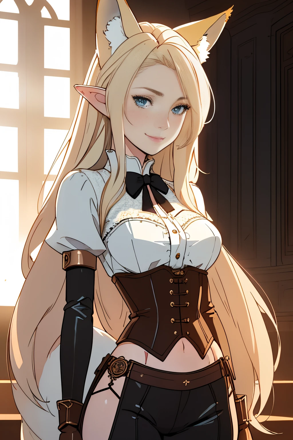 20 year old girl, black office miniskirt, white transparent blouse unbuttoned, Elf&#39;s ears, naked