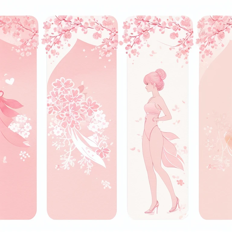 Box Package design of cherry blossom, pearl illustration, pink/white watercolor style, minimal background, line draw (silhouette of elegant body shape lady), romantic atmosphere, pearl around