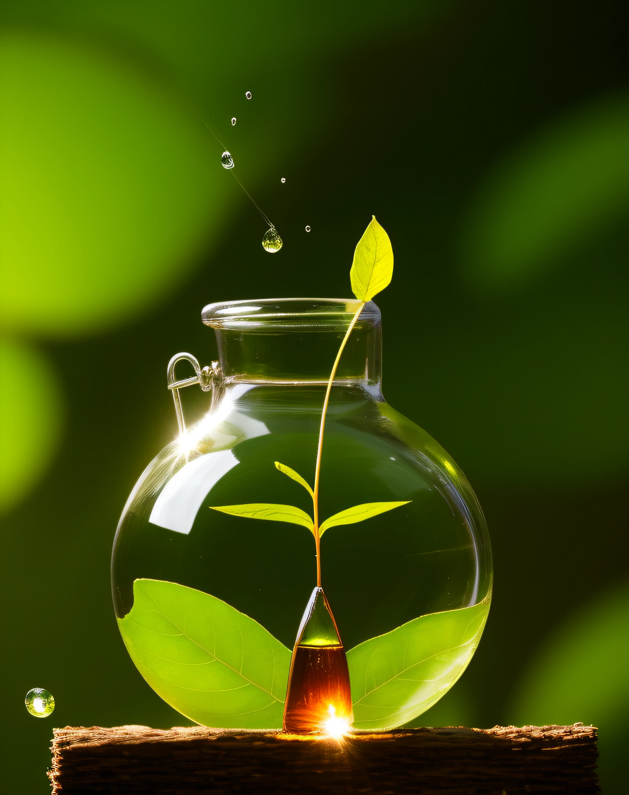 a bottle of liquid with a drop of liquid on it next to a leaf, photosynthetic, photosynthesis, by François Girardon, by Joseph-Marie Vien, illustration”, discovered photo, key art, atmospheric ”, atmospheric”, still photo, illustration », by Peter de Sève, photoshot, illustration, by Marion Ancrum