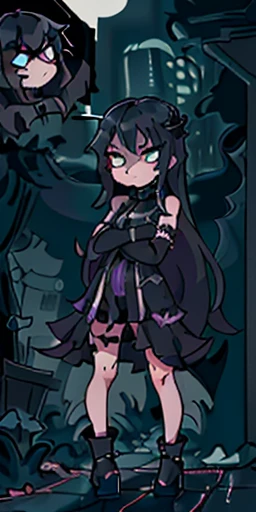 The dark city night is alive with the sound of rain, but Long-haired girl, cute, arms crossed, angry, side view, full body, chibi As they cautiously approach the creaking gate of the cursed estate, their flashlights illuminate the forbidden path ahead. What dangers await them in the long, mysterio