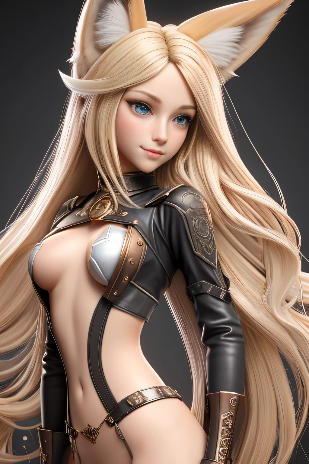 close up 1girl in, ager, Solo, Aesthetic artwork, blond, straight blonde hair, super long blonde hair, light blue eyes, some small freckles, pale skin, A-cup, (large fox ears:1.25), small breasts, runners body, (thin hips, thin waist: 1.25), detailed skin, shy smile, wearing a steampunk outfit with lace, leather corset, ornamental copper parts, portrait, blaster, 50mm, 4k textures, soft cinematic light, RAW intricate, elegant, highly detailed, sharp focus, ((((cinematic look)))), soothing tones, insane details, intricate details, hyperdetailed, low contrast, soft cinematic light, dim colors, exposure blend, hdr, faded