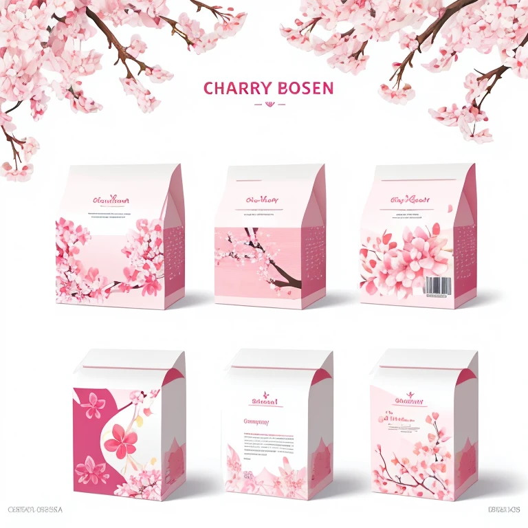 Box Package design of cherry blossom/pearl, Acerola Cherry illustration, pink/white watercolor style, minimal background, romantic atmosphere, Acerola Cherry around