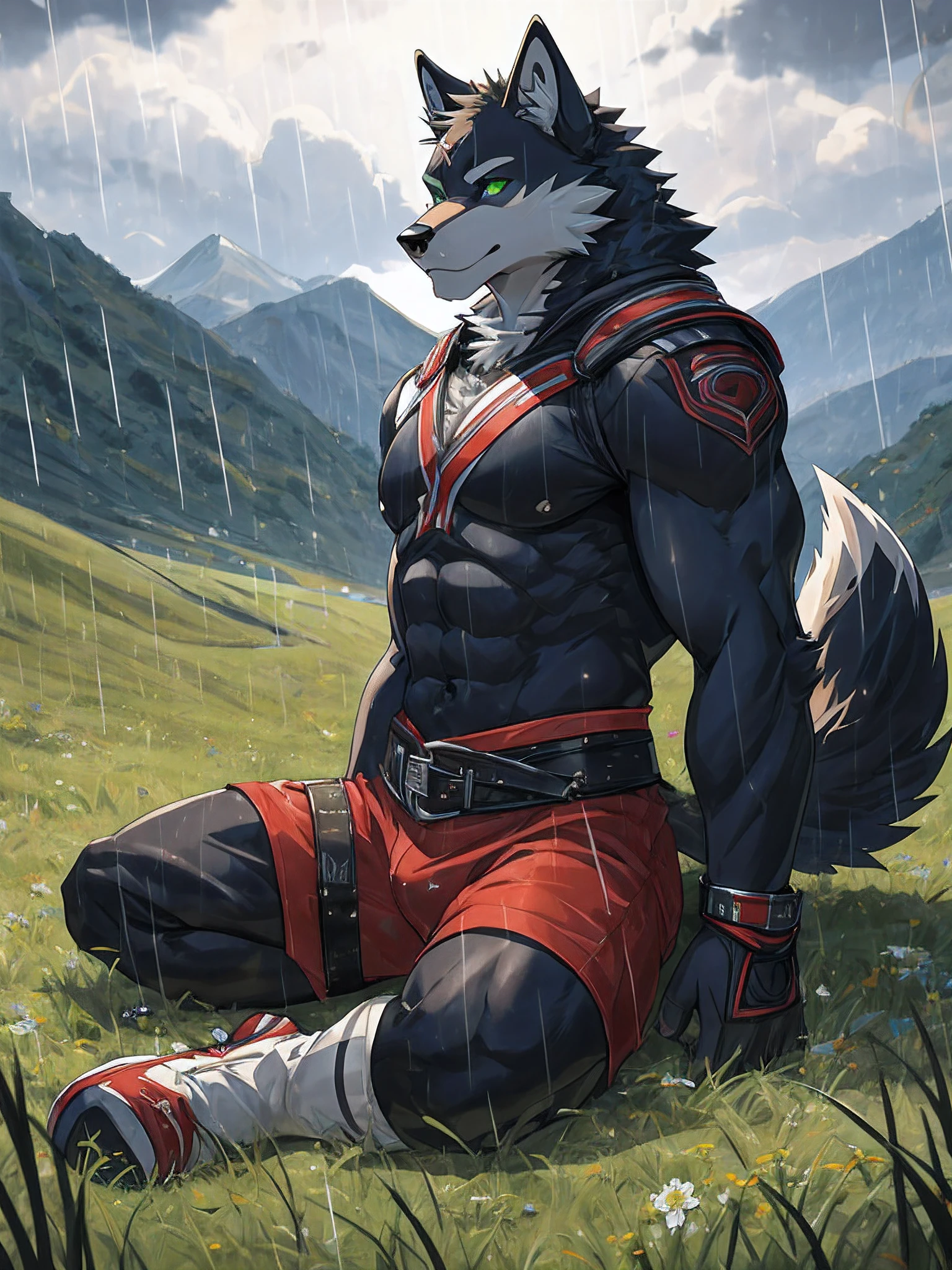 furry,bara,Wolves have completely black fur.,masculine,Emerald green eyes,Shota,sit on the ground,Look at the sky..,yam'It's raining.,Raindrops hitting the face,Behind is an abandoned field..,A gloomy face..,high view,Dynamic images,HDR,10,Maximum resolution,Realistic anatomy