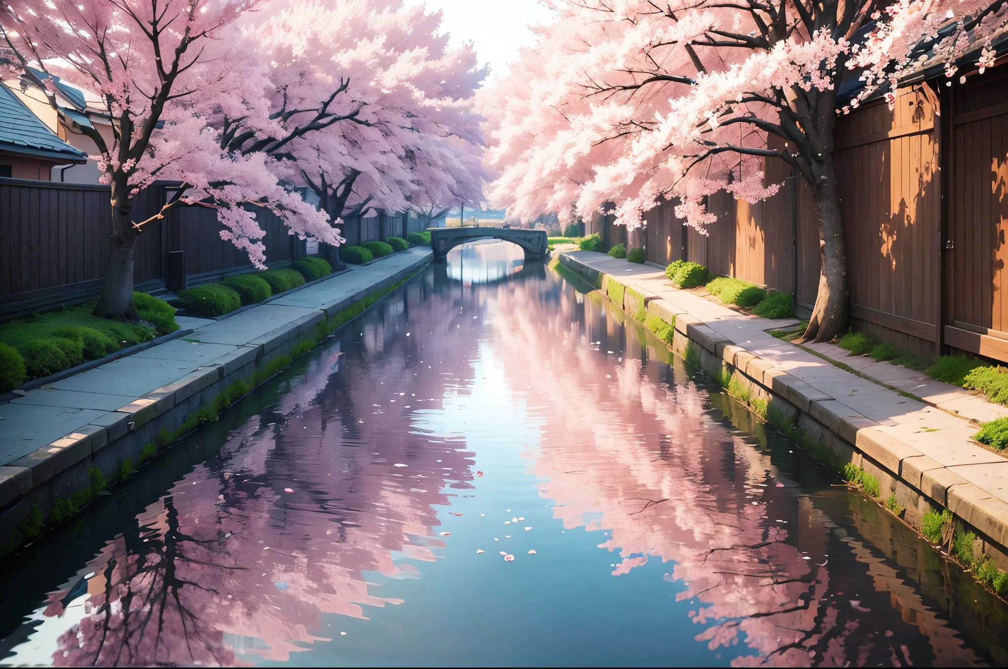 2D,  Blossoming cherry trees lining a peaceful canal, with delicate pink petals floating on the water's surface.