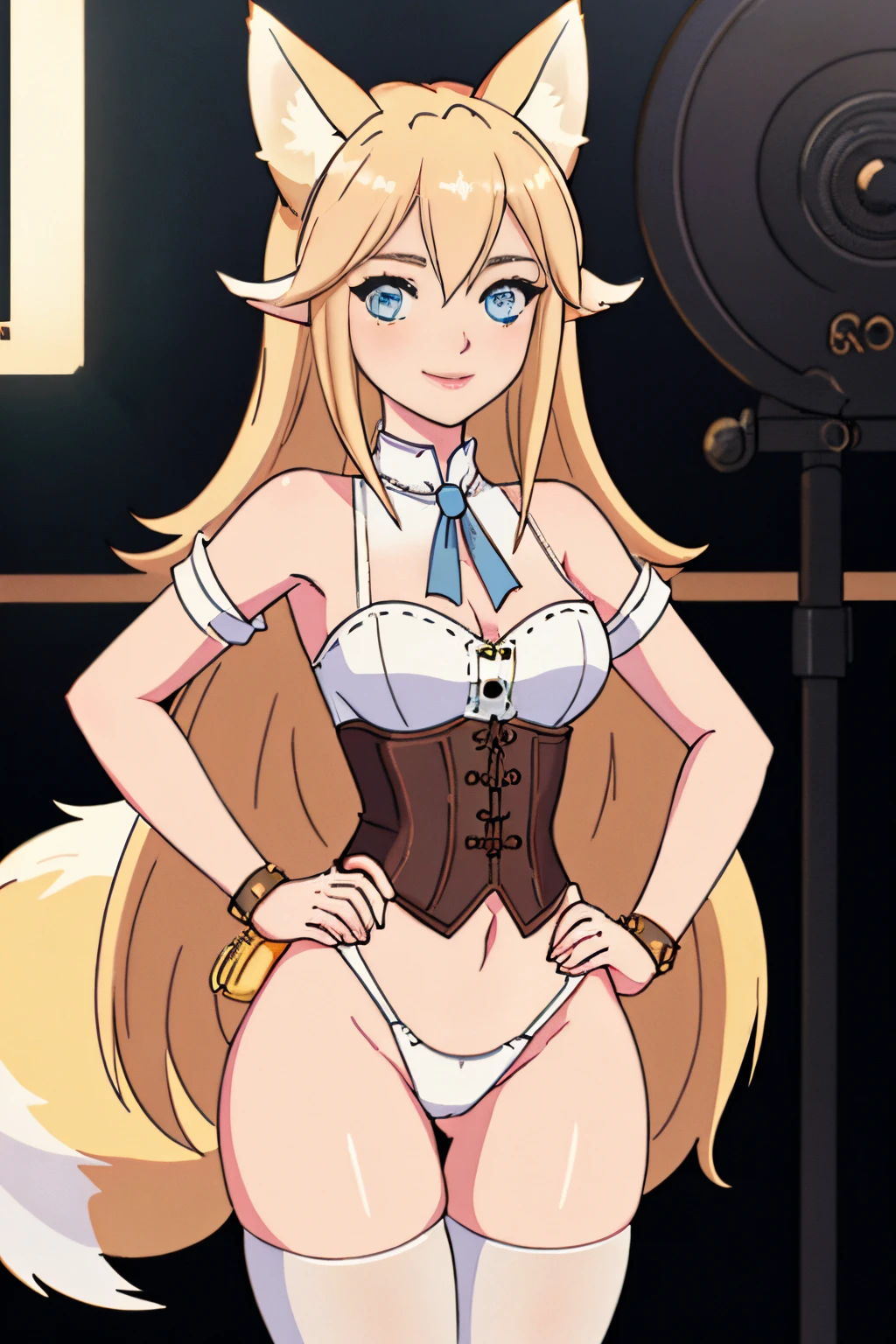 close up 1girl in, teenager, Solo, Aesthetic artwork, blond, straight blonde hair, super long blonde hair, light blue eyes,  some small freckles, pale skin, A-cup, (large fox ears:1.25), small breasts, runners body, (thin hips, thin waist: 1.25), detailed skin, shy smile, wearing a steampunk outfit with lace, leather corset, ornamental copper parts, portrait, blaster, 50mm, 4k textures, soft cinematic light, RAW intricate, elegant, highly detailed, sharp focus, ((((cinematic look)))), soothing tones, insane details, intricate details, hyperdetailed, low contrast, soft cinematic light, dim colors, exposure blend, hdr, faded