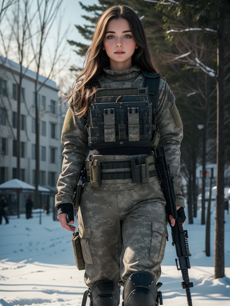 ((best quality)), ((masterpiece)), (detailed), beautiful lighting, best quality, realistic, full body portrait, real picture, intricate details, depth of field, 1girl, in a cold snowstorm, A very muscular solider girl with long haircut, wearing swat heavy armor, swat plate carrier rig, combat glove, magazine pouches, (kneepads), heavy weapon, highly-detailed, perfect face, blue eyes, lips, wide hips, small waist, tall, make up, Fujifilm XT3, outdoors, bright day, Beautiful lighting, RAW photo, 8k UHD, film grain, ((bokeh))