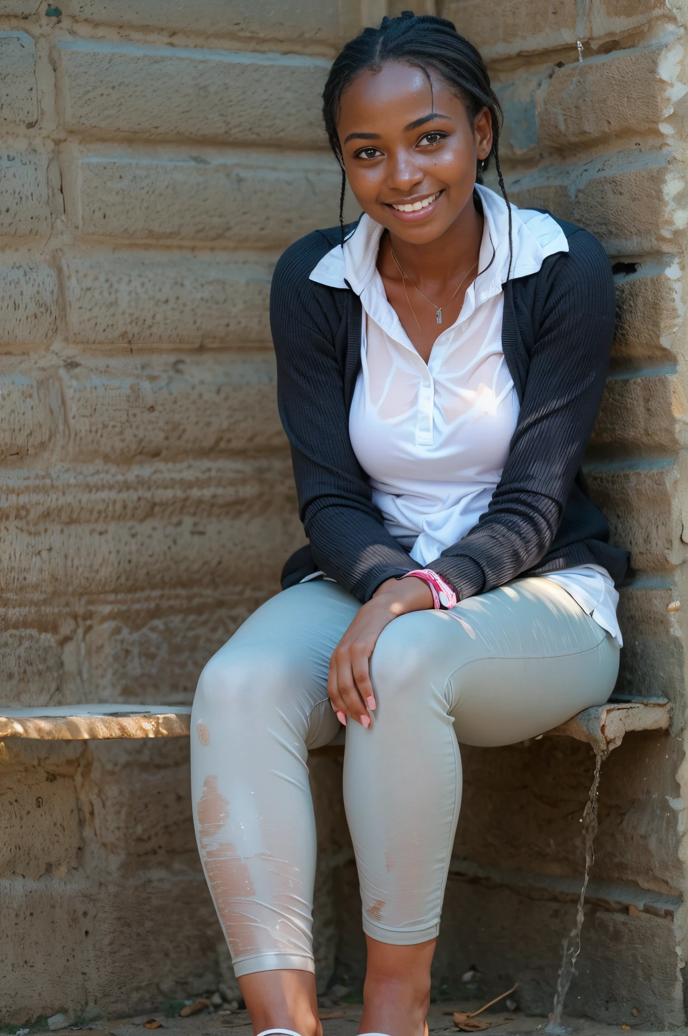 1girl,((school teacher)) ,blush,light smile, sitting,outdoors, hot day, sweaty, dripping sweat, wet clothes, kenyan, rural, dark skin, see through