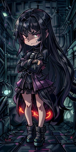 The dark city night is alive with the sound of rain, but Long-haired girl, cute, arms crossed, angry, side view, full body, chibi As they cautiously approach the creaking gate of the cursed estate, their flashlights illuminate the forbidden path ahead. What dangers await them in the long, mysterio
