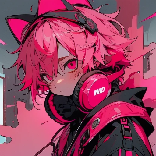 (Two-block hair), (bright pink hair), (male character), (Red colored eyes), (youthfulness), (a cool), (8K分辨率), (top-quality), (masterpiece), (ultra-detailliert), (独奏), (Oversized hoodies), (headphones), (Street), (plein air), (neons)