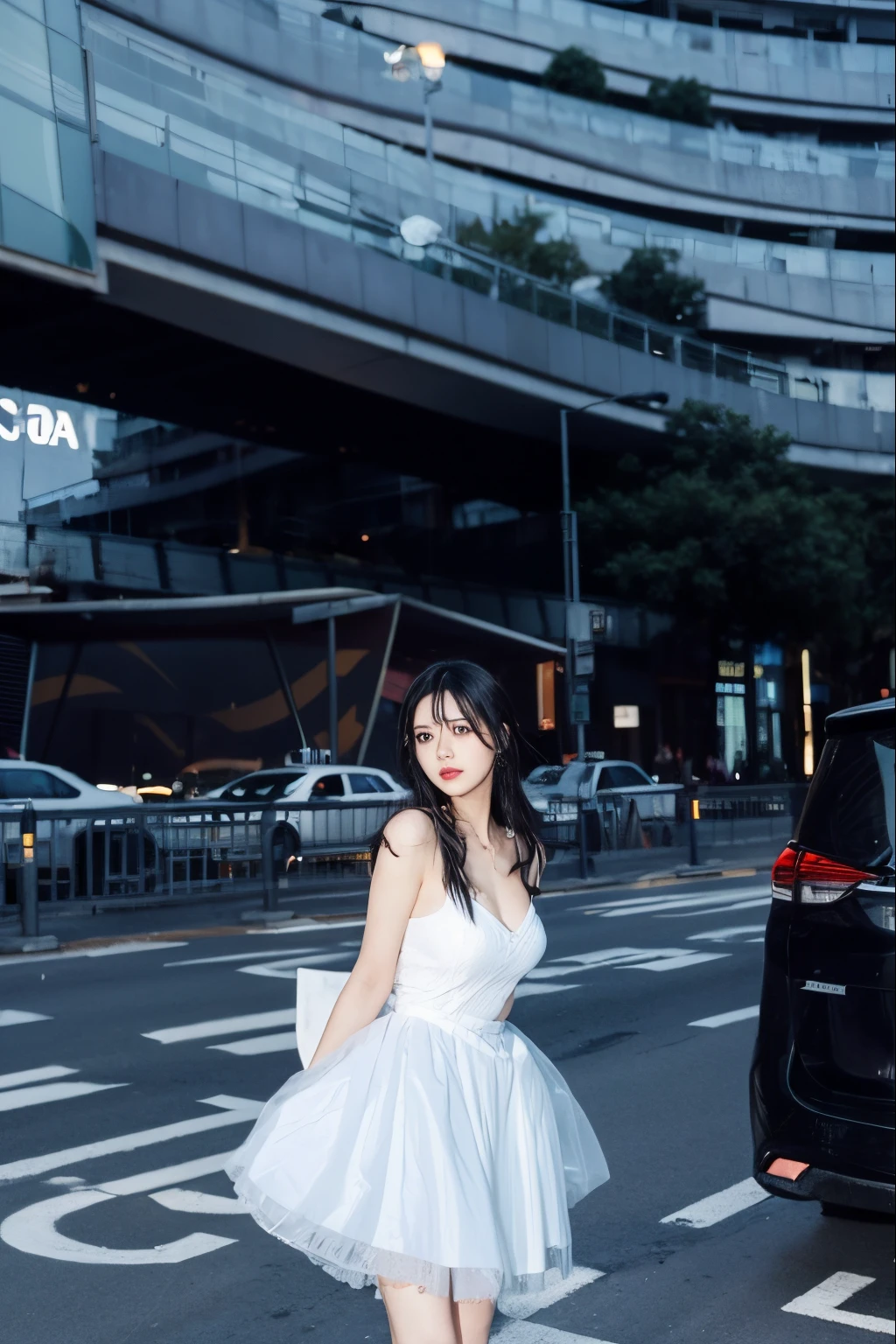 maam，black color hair，in a skirt，background  the ruins，The cities of the future