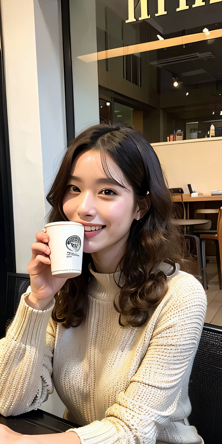 28 years old, 1 woman, Tokyo, (noon: 1.2), cityscape, city lights, upper body, close-up, smile, (8k, RAW photo, highest quality, masterpiece: 1.2), (real, photoreal: 1.37), beige knit dress, curly hair, outdoor café, drinking coffee tall size