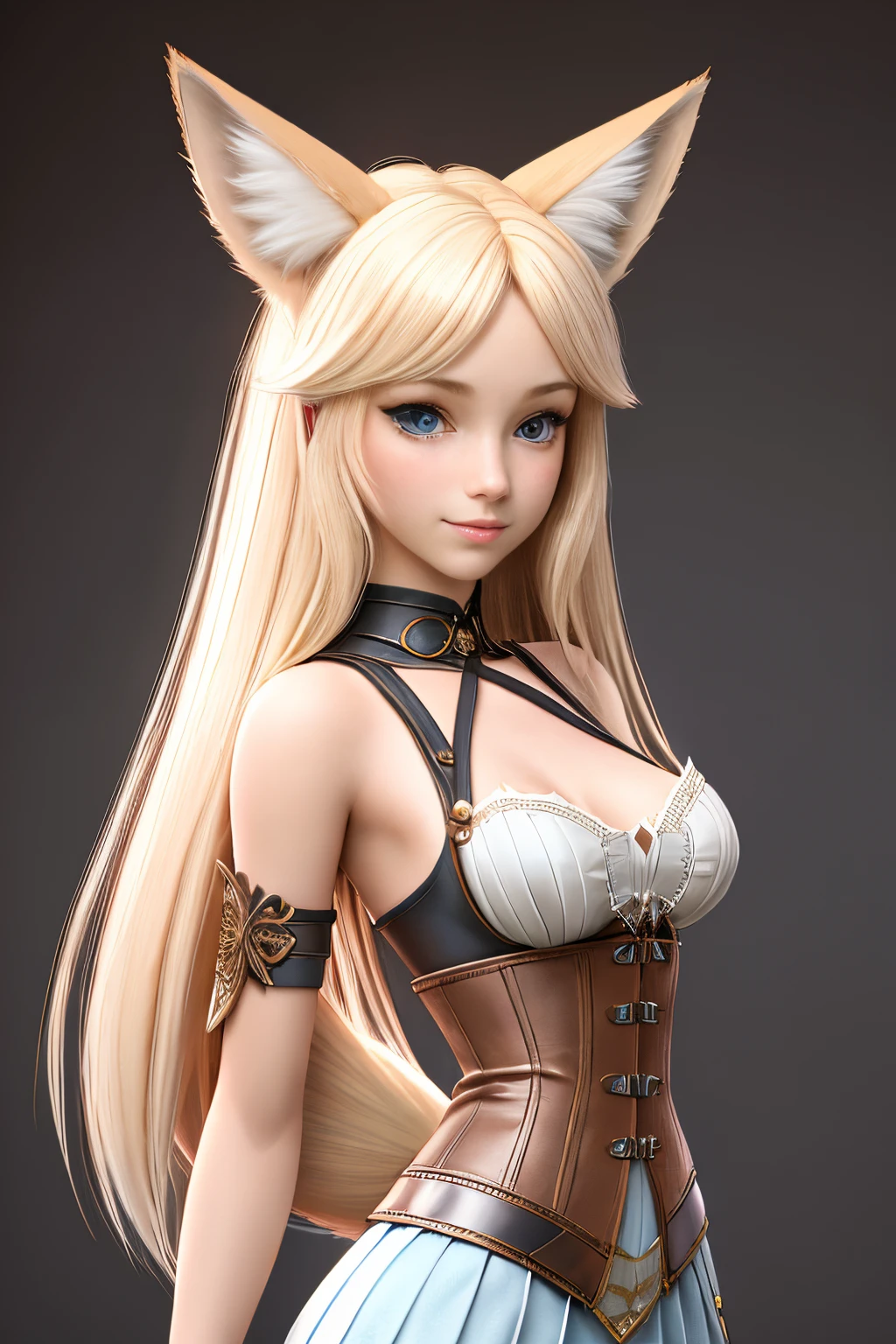 close up 1girl in, teenager, Solo, Aesthetic artwork, blond, straight blonde hair, super long blonde hair, light blue eyes, some small freckles, pale skin, A-cup, (large fox ears:1.25), small breasts, runners body, (thin hips, thin waist: 1.25), detailed skin, shy smile, wearing a steampunk outfit with lace, leather corset, ornamental copper parts, portrait, pleated skirt, 50mm, 8k textures, soft cinematic light, RAW intricate, elegant, highly detailed, sharp focus, ((((cinematic look)))), soothing tones, insane details, intricate details, hyperdetailed, low contrast, soft cinematic light, dim colors, exposure blend, hdr, faded