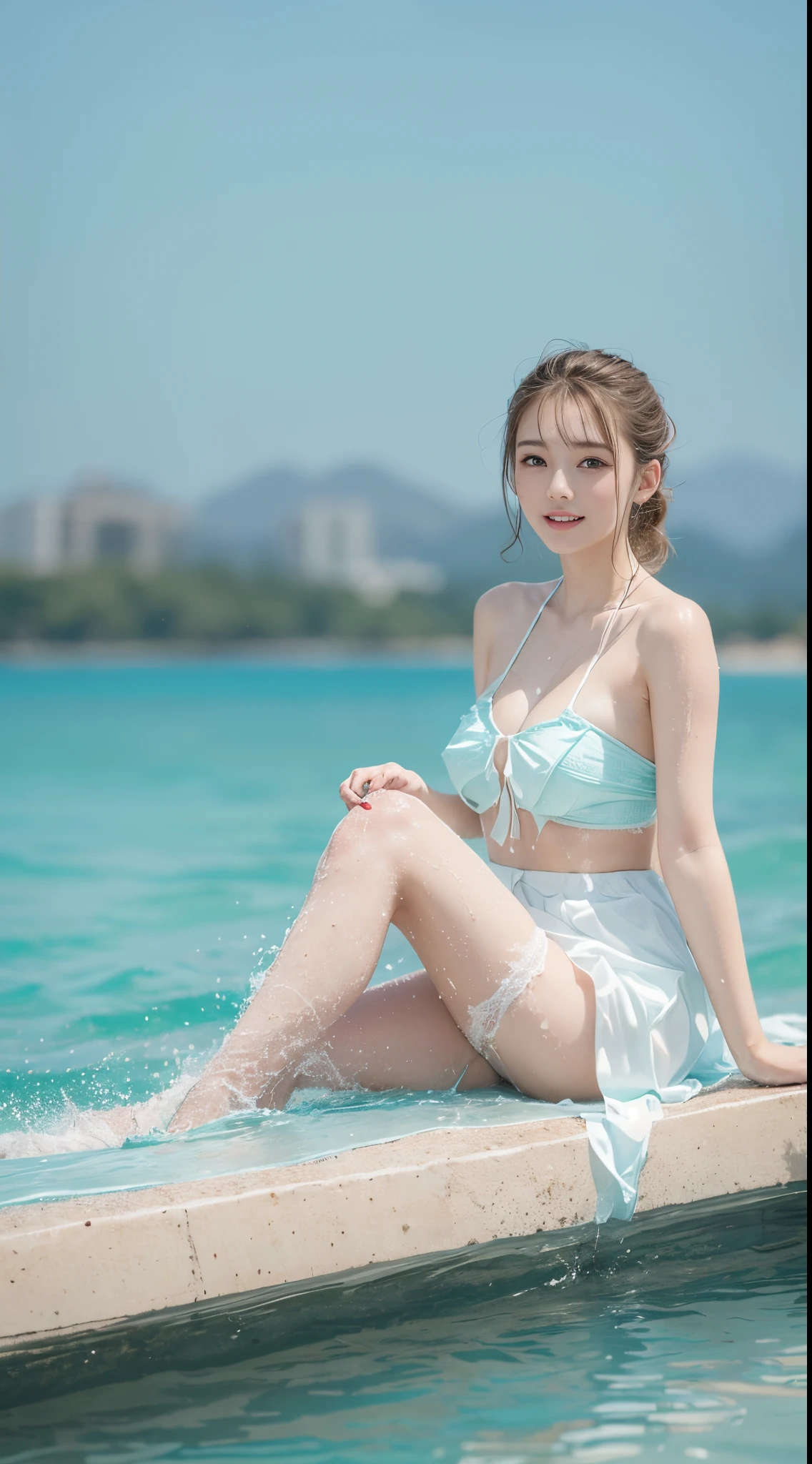 ((top-quality、Top image quality、超A high resolution))、years、独奏、((small tits:1.7))、flat breast、small tit、slim smile and golden hair、Short ponytail、childlike 、Ultra-detailed and beautiful skin、Realistic and beautiful skin、Sandy beach and blue sky on background、silk micro bikini, delicate and beautiful face、Young models,Wet with water