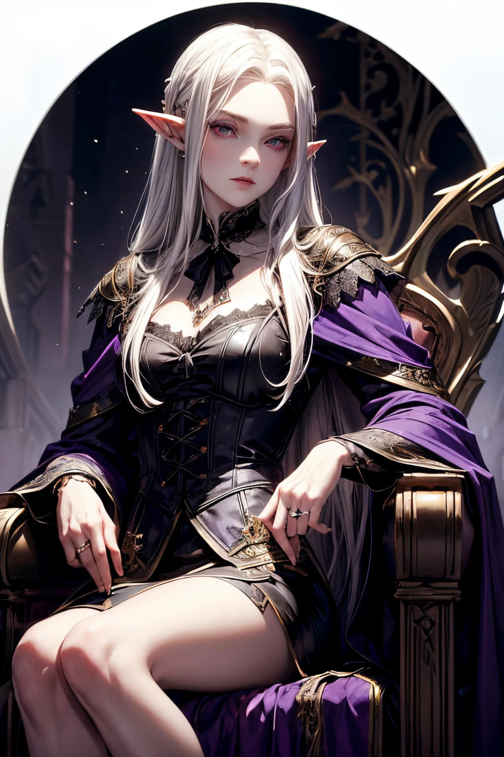 An aristocratic young very beautiful vampire elf with blond hair and scarlet eyes in gothic expensive clothes sits on a throne in an ornate castle against the backdrop of moonlight.. Standing next to him is a young elf with long snow-white hair and violet eyes wearing black leather clothes with purple inlays..  He is the master - she is his faithful servant