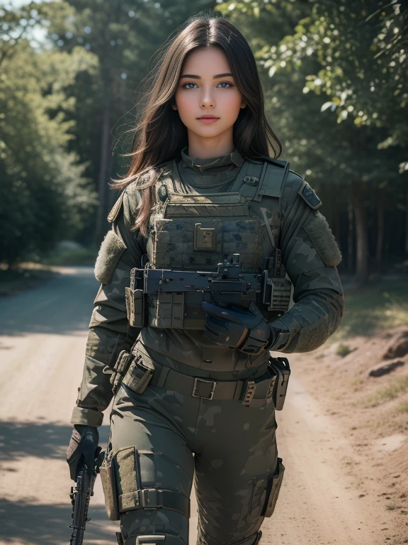 ((best quality)), ((masterpiece)), (detailed), beautiful lighting, best quality, realistic, full body portrait, real picture, intricate details, depth of field, 1girl, A very muscular solider girl with long haircut, wearing swat heavy armor, swat plate carrier rig, combat glove, magazine pouches, (kneepads), heavy weapon, highly-detailed, perfect face, blue eyes, lips, wide hips, small waist, tall, make up, Fujifilm XT3, outdoors, bright day, Beautiful lighting, RAW photo, 8k UHD, film grain, ((bokeh))