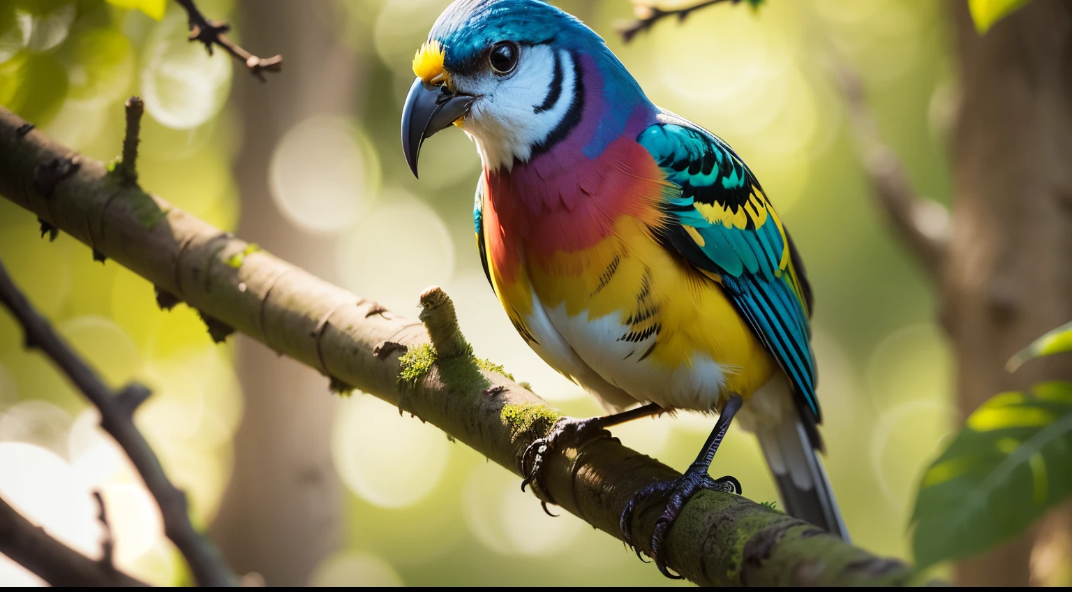 55mm photograph of a real bird, brightly colored bird perched on a branch in a forest, colorful bird with a long, colorful birds