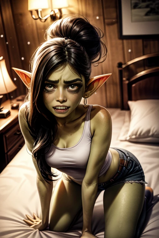 (masterpiece), (extremely intricate:1.3), small and short goblin female, sharp teeth, (large plump lips), slutty Latina face, (green skin), long black hair, very long high ponytail, hair bangs, sakimichan, ((wears white top)), (looking at viewer:1.4), (thigh high), skinny,(petite body), (small flat chest), silver earring, indoor, (shorts), detailed skin, inside wooden cabin, wide hips, snowing outside, dark, face focus, (night time), detailed face, 1girl, solo, (long eye lashes), (sharp teeth:1.4), mouth open, red plump lips, thick lips, (white shirt) , (lying on bed), (((fear))), (tears in eyes), (crying), (ruined makeup), ((mascara tears)), (running makeup), (StrokingAnothersChin), (hand on another's chin), pov, from above, close up face