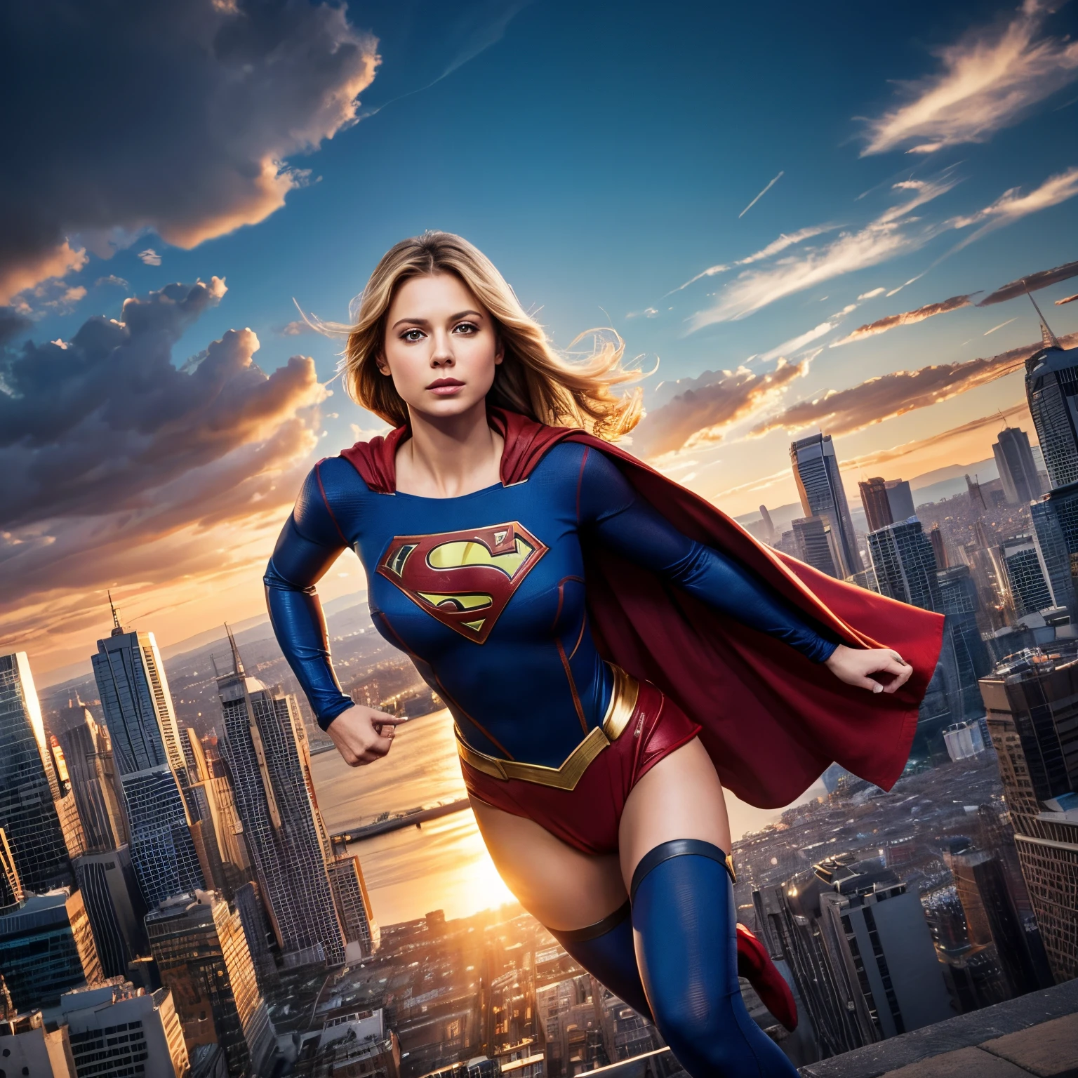 Supergirl flying in a city