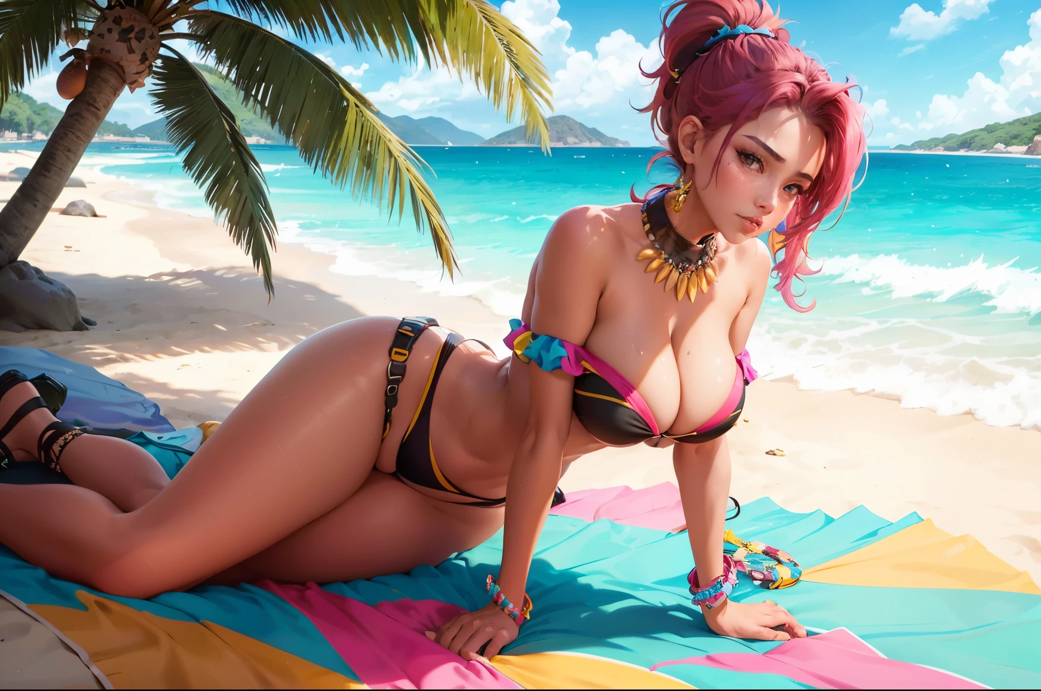Beautifull lady with large round boobs, colorfull ponytail hair, wearing strapless slingshoot bikini, detail luxury accecories, show cleaveage, show sideboobs, lay on the beach during sunshine, beautifull panorama, full body photoshoot, highclass model, masterpiecr, cgrealistic raytracing, 8k, raw photo, lens glare, sharp eyes