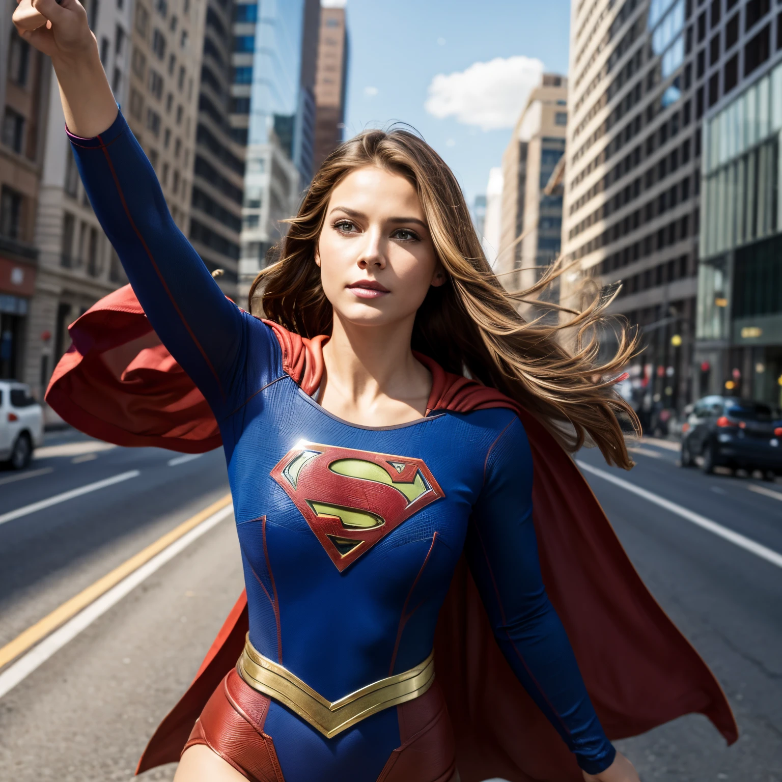 Supergirl flying in a city