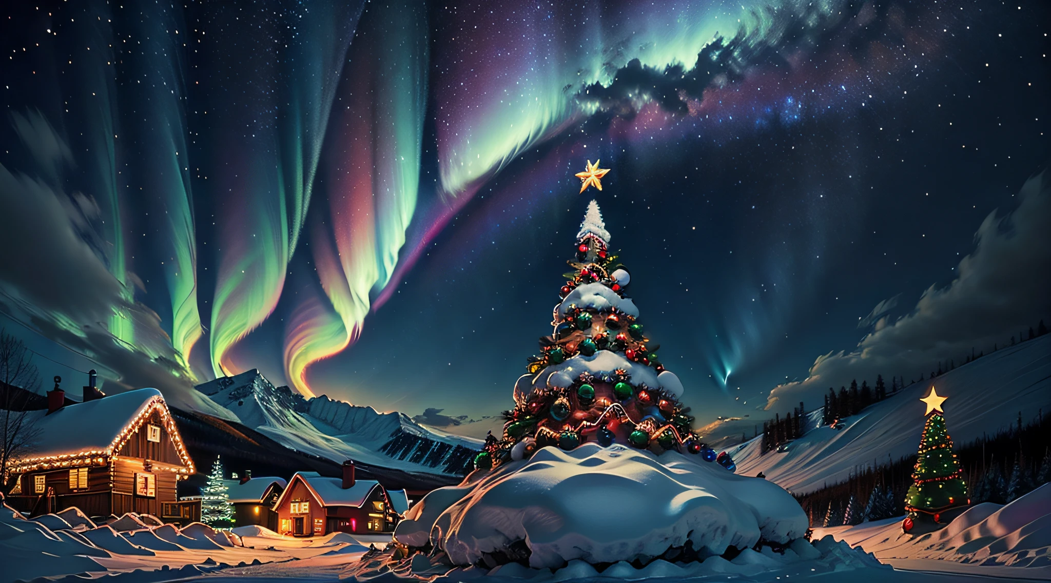 cool christmas night,polar lights,Snow,Colorful,Beautiful