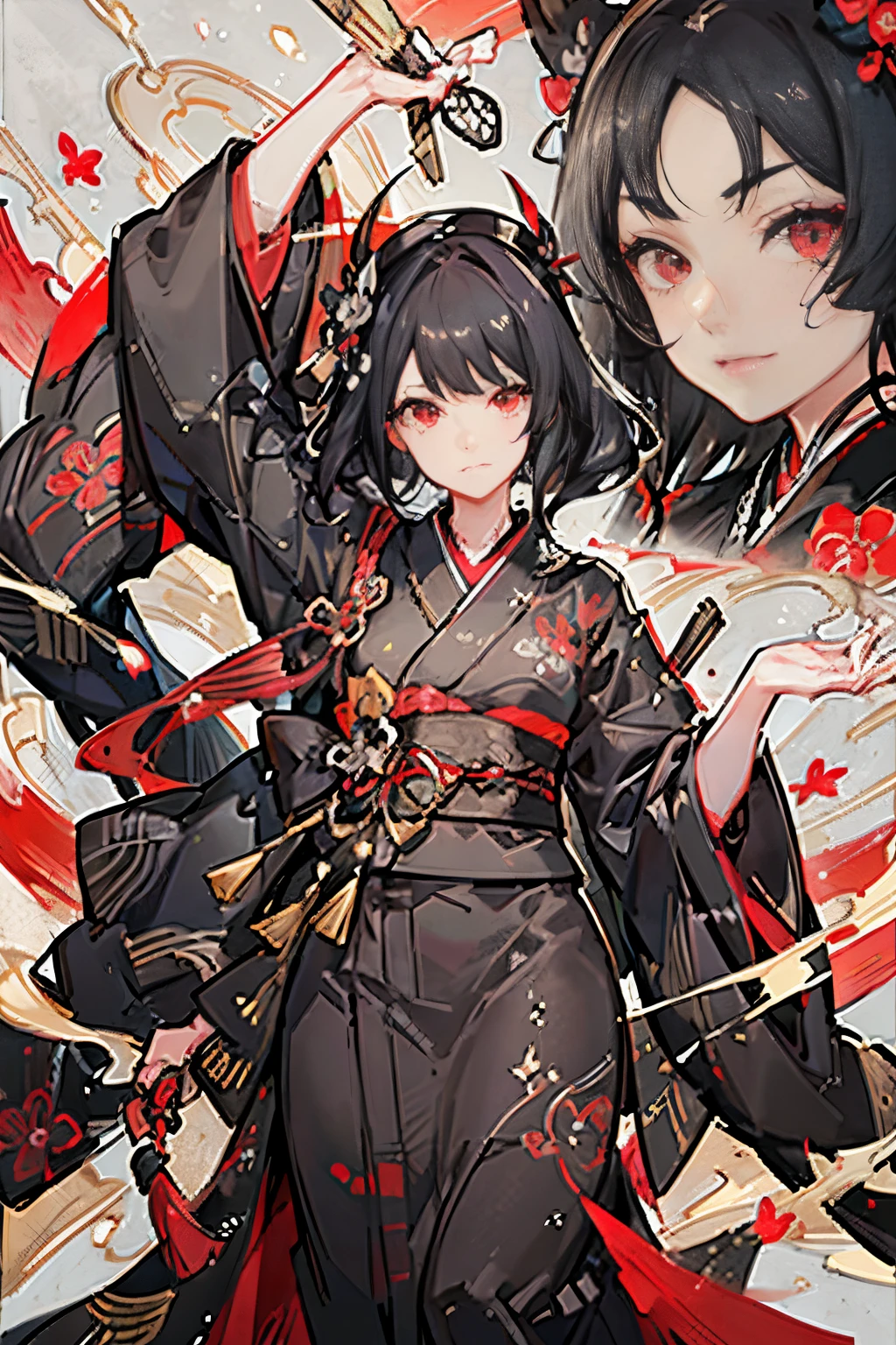 black kimono, hakama skirt, partially fingerless gloves, muneate
1 girl in, solo, archery,bow,Arrow, {{{Ukiyo-e_style}}},{{flat_style}},{simple_colors},{{{masterpiece}}},{katsushika_hokusai},long_hair,hair_flower,{{black_hair}},red_eyes,{chinoiserie},{{{best_quality}}},kimono,{{ultra-detailed}},{illustration},Maple_leaves_flying,{{1girl}},{{{solo}}},{{an_extremely_delicate_and_beautiful}},blank_stare,close_to_viewer,{breeze},{Flying_splashes},{Flying_petals},wind,{Gorgeous and rich graphics}