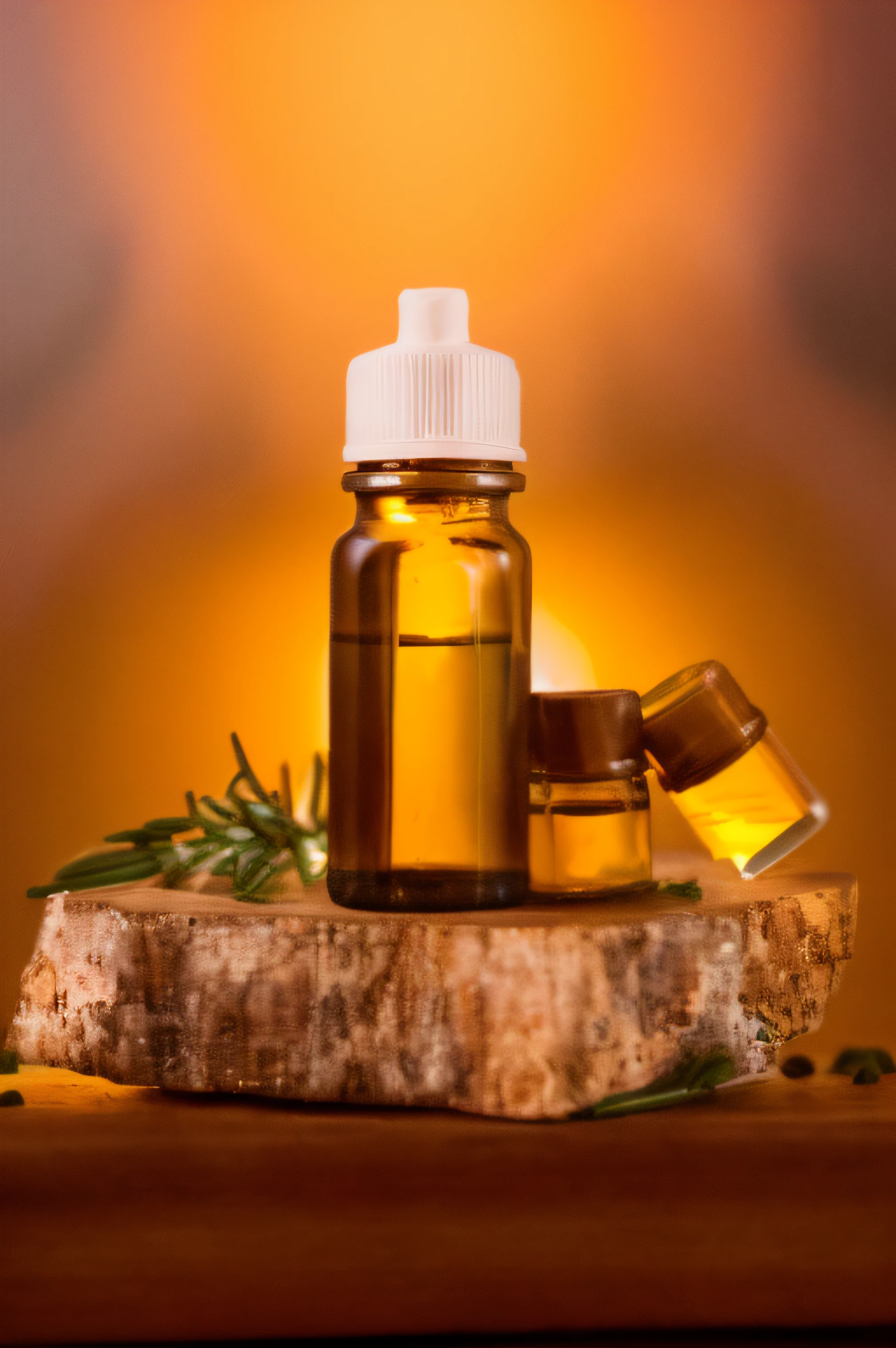 a bottle of essential oil and a small glass bottle of rosemary oil, miniature product photo, oils, cooking oil, oily substances, image apothecary, product photography, high quality product photo, product photo, on a wooden tray, glass vials, high quality product photography, glowing oil, sweet almost oil, natural materials, reagents, vials