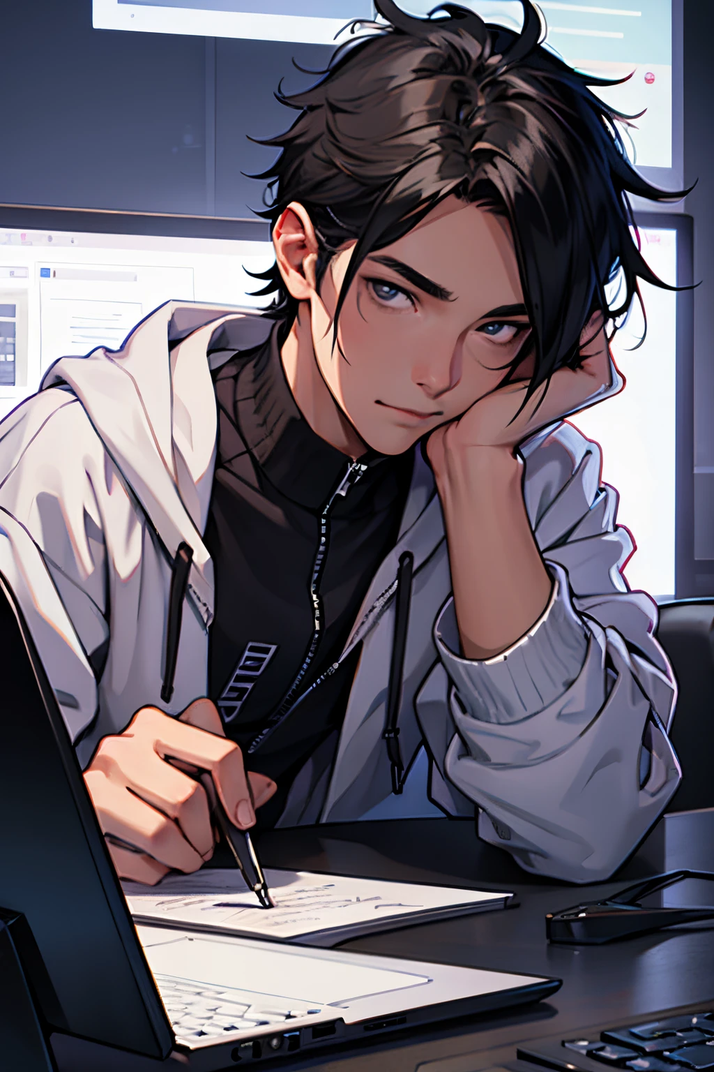 Imagine a male young hacker, black hair
