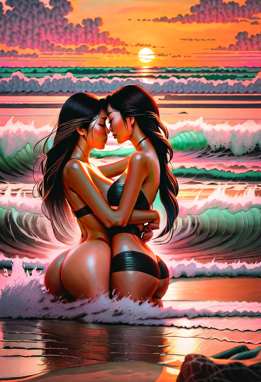 Two erotic beautiful Asian girls having sex on the beach as waves splash over them at sunset