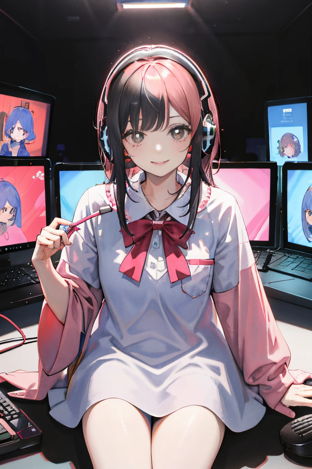 (tmasterpiece,best qualtiy,exquisitedetails),1girll,ssmile,adolable,Short pink sleeves,Black hair,sitting in front of the computer,Live streaming,Live online,Headsets,Brilliant lighting