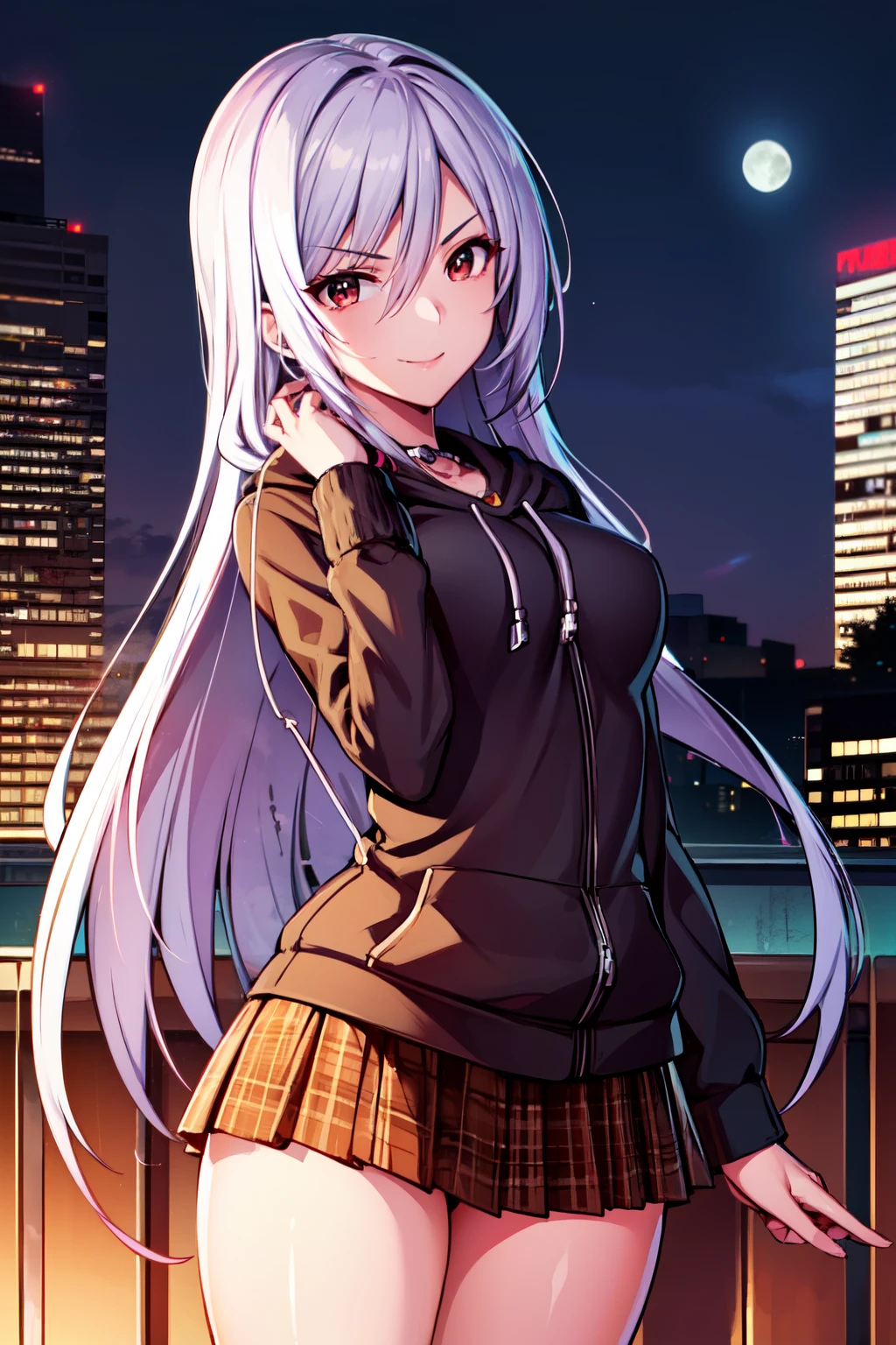 1 girl, Long silver hair, red eyes with slit pupils, small breasts, master-piece, best quality,  proportional body, proportional,  Wear a short black hoodie hood, Check plaid skirt, deep in the night, Moon Night, The rooftop of a building overlooking the city, Night sky with the moon shining, photon mapping, Radio City, shinny skin, sexy facial expression, Make eye contact with the camera, (light_Smile:1.5), (Detailed hands and fingers:1.2)