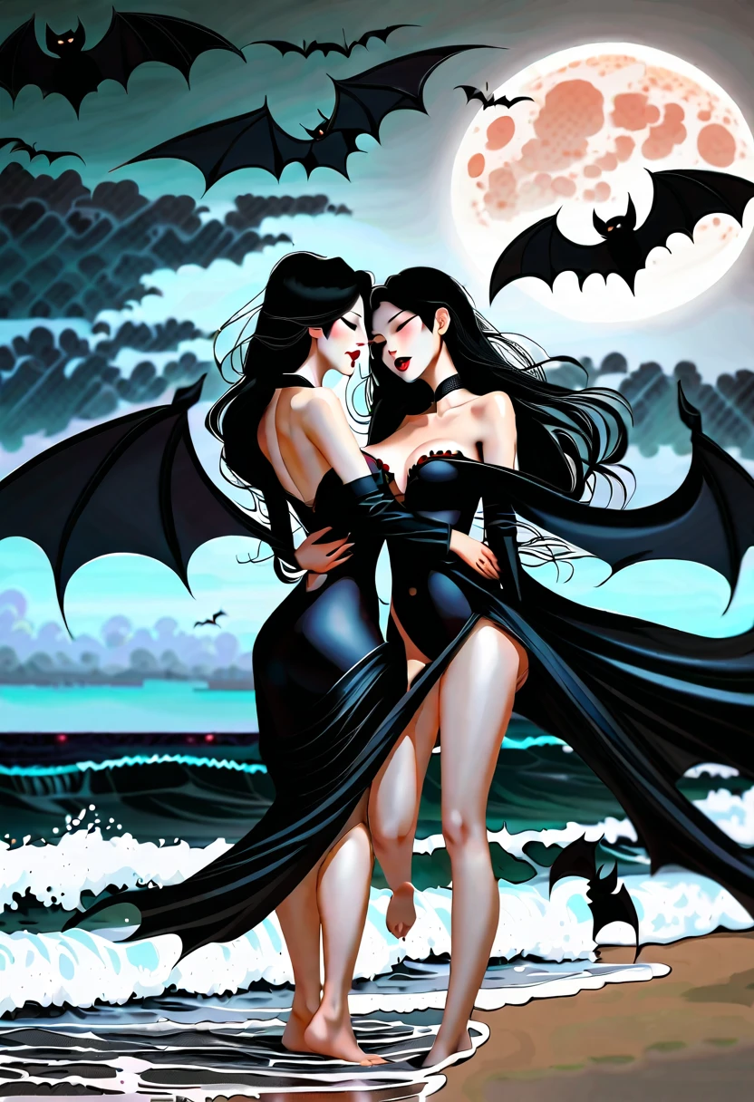 Two erotic beautiful Asian vampire girls having sex on the beach as waves splash over them at night as the moon rises over the ocean and bats fly overhead