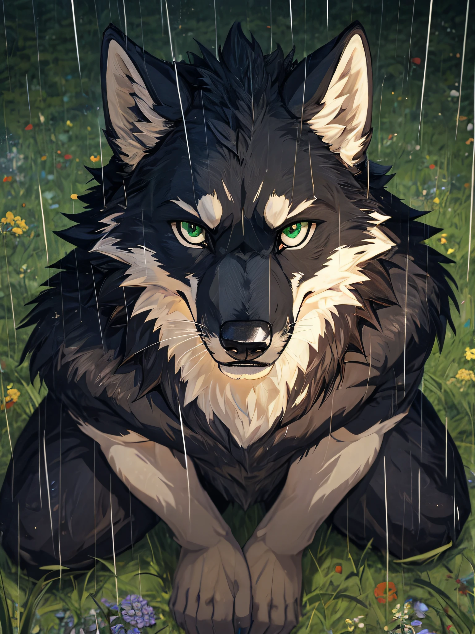 furry,bara,Shota,pitch black wolf,masculine,Emerald green eyes,sit on the ground,Turn your head and look up at the sky..,yam'It's raining.,Raindrops hitting the face,Behind is an abandoned field..,A sad expression on his face.,(Bird's eye view),Dynamic images,HDR,10,Maximum resolution,Realistic anatomy