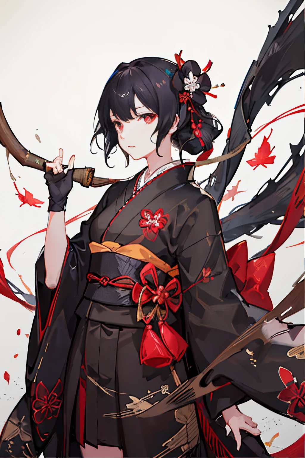 black kimono, hakama skirt, partially fingerless gloves, muneate 1 girl in, solo, archery,bow,Arrow, {{{Ukiyo-e_style}}},{{flat_style}},{simple_colors},{{{masterpiece}}},{katsushika_hokusai},long_hair,hair_flower,{{black_hair}},red_eyes,{chinoiserie},{{{best_quality}}},kimono,{{ultra-detailed}},{illustration},Maple_leaves_flying,{{1girl}},{{{solo}}},{{an_extremely_delicate_and_beautiful}},blank_stare,close_to_viewer,{breeze},{Flying_splashes},{Flying_petals},wind,{Gorgeous and rich graphics}