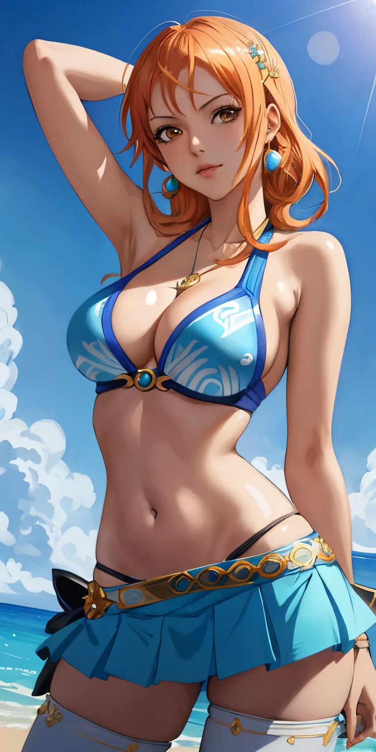 An arafe woman wearing a bikini top and super miniskirt and holding a sword, nami one piece, beautiful portrait of nami, Nami of one piece,Nami in super miniskirt, Detailed Digital Anime Art, Cute exirobat showing white pants, Very detailed ArtGerm haha, deviantart artstation cgscosiety, realistic bikini, Swimsuit, fanart best artstation, ArtGerm. high detailing