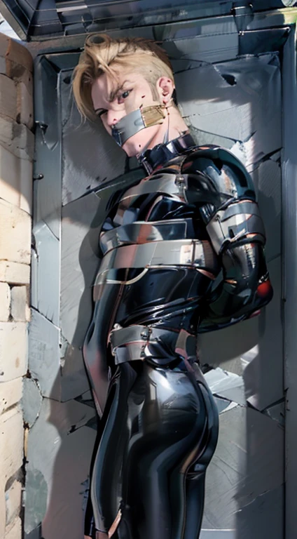 Realistic, high resolution, 1 boy, blondehair, Korean, latex bodysuit, , large ass, thighs, bondage in box,  tape mouth gag, straggle eyes