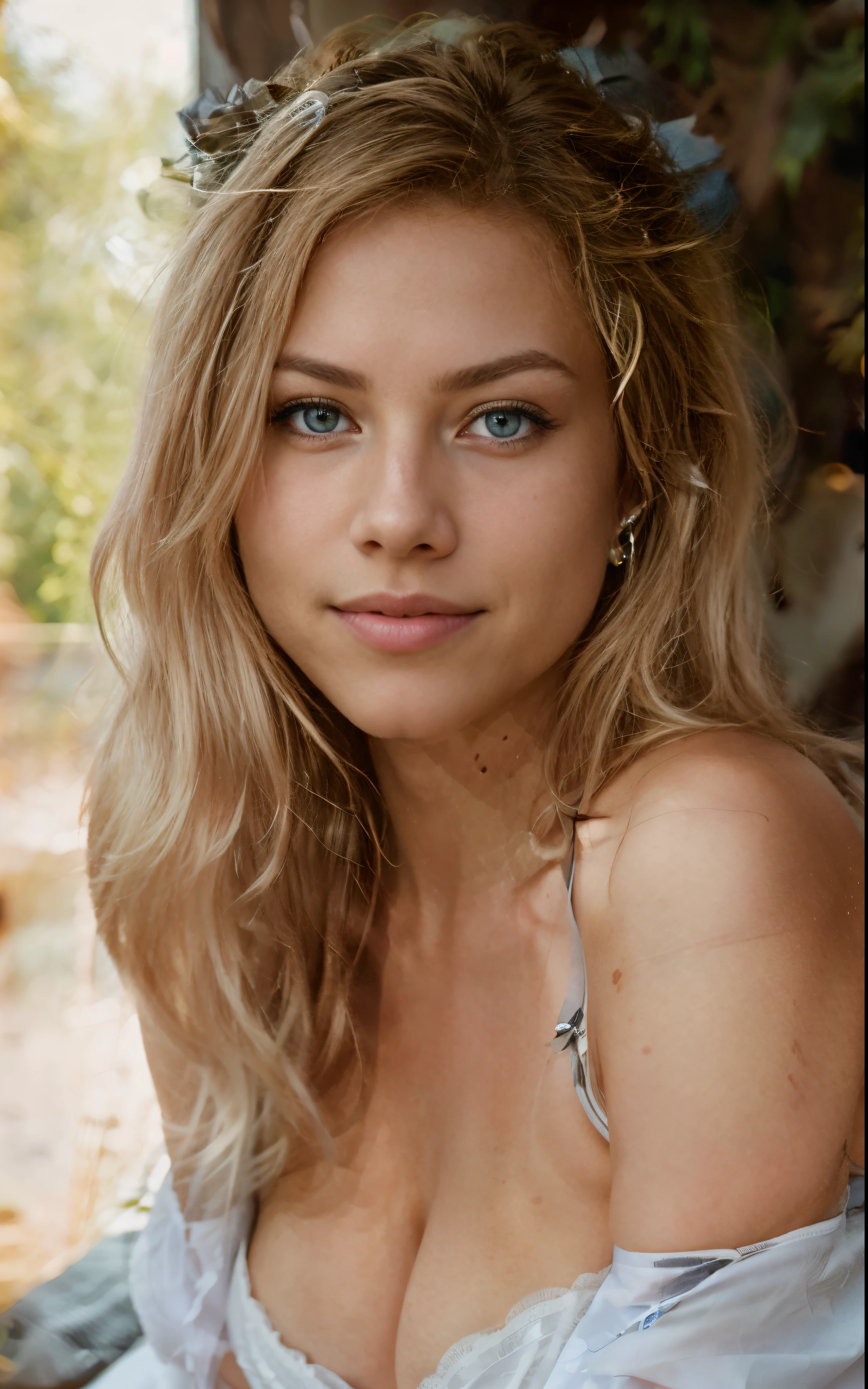 (4k photo:1.1) by (Jeremy Lipking:0.3), (Dittmann Anna:0.3), (Arian Mark:0.3), (Sharp focus:1.3), high detail, beautiful detailed face, beautiful detailed mouth, beautiful detailed eyes, beautiful detailed nose, blue eyes, long blonde hair, cleavage, medium breasts, (attractive young woman:1.3), (seductive:1.1), (smiling:1.1), (blushing:1.1), hourglass body shape (photorealistic:1.2) (bokeh) (best quality) (deck party) (intricate details) (8k) (HDR) (analog film) (canon d5) (cinematic lighting) (sharp focus)