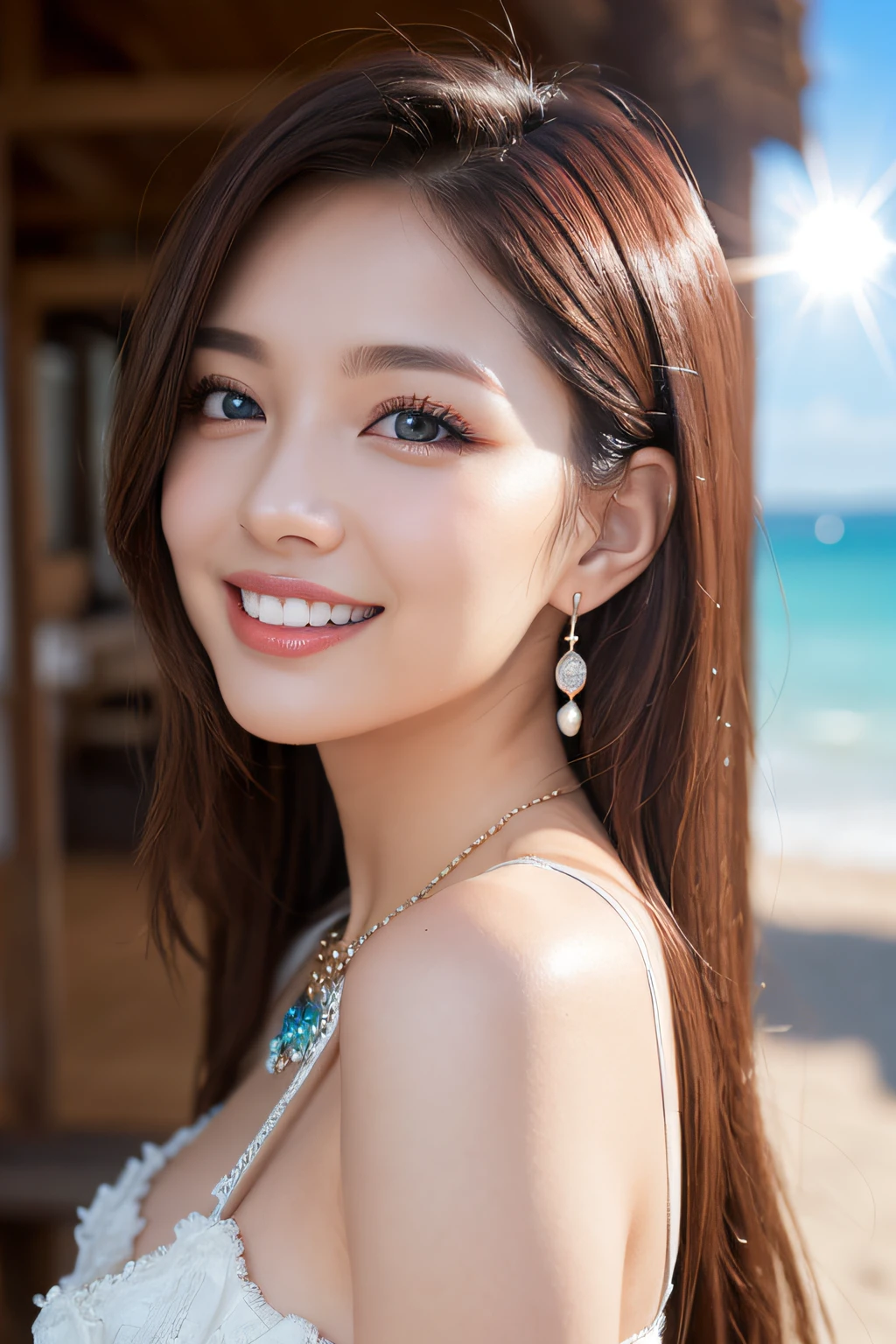 ((masutepiece)), ((Best Quality)), (Ultra-detailed), ((kawaii)), Cute, (lovely), ((Sexy)), (Ero), ((Extremely detailed)), 4K, (8K), Best Quality, (Beautiful), Illustration, Dynamic Angle, (Walking), Beach, Daytime, Summer, Pretty women, Solo, Mesh Bodysuit, Beautiful red hair, Beautiful blue eyes, ((Beautiful eyes)), Long hair, hanging breasted, earrings, Necklace, Happy smile, White teeth, blush, Lens Flare, shiny