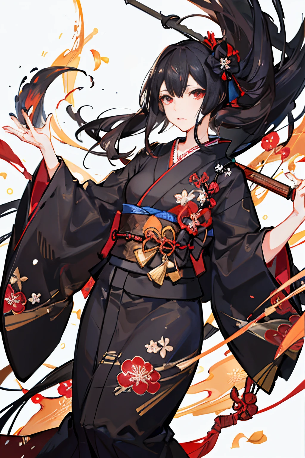 black kimono, hakama skirt, partially fingerless gloves, muneate 1 girl in, solo, archery,bow,Arrow, {{{Ukiyo-e_style}}},{{flat_style}},{simple_colors},{{{masterpiece}}},{katsushika_hokusai},long_hair,hair_flower,{{black_hair}},red_eyes,{chinoiserie},{{{best_quality}}},kimono,{{ultra-detailed}},{illustration},Maple_leaves_flying,{{1girl}},{{{solo}}},{{an_extremely_delicate_and_beautiful}},blank_stare,close_to_viewer,{breeze},{Flying_splashes},{Flying_petals},wind,{Gorgeous and rich graphics}