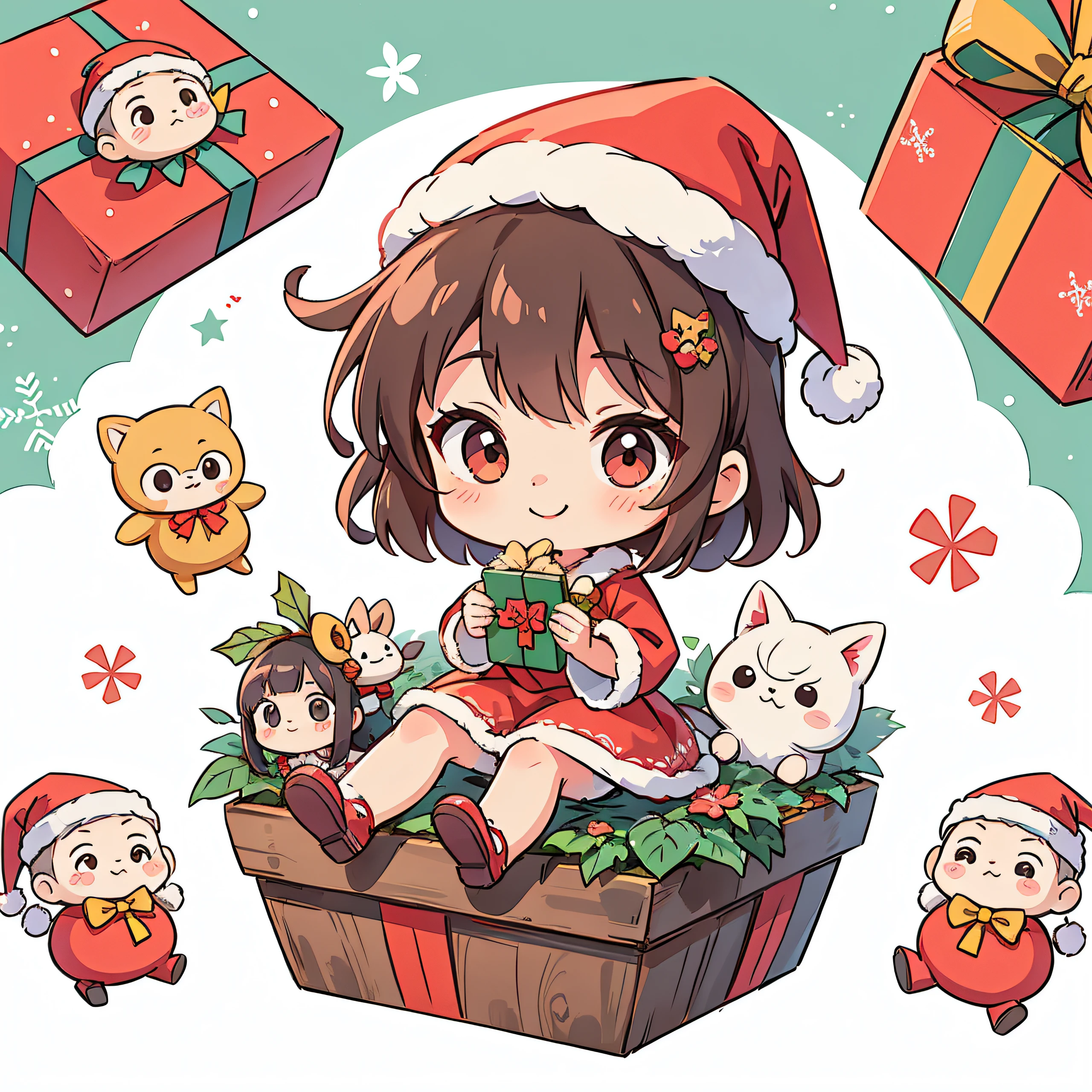 独奏，fundo vermelho，A cute girl dressed as Santa Claus and a gift、Smiling chibi doll