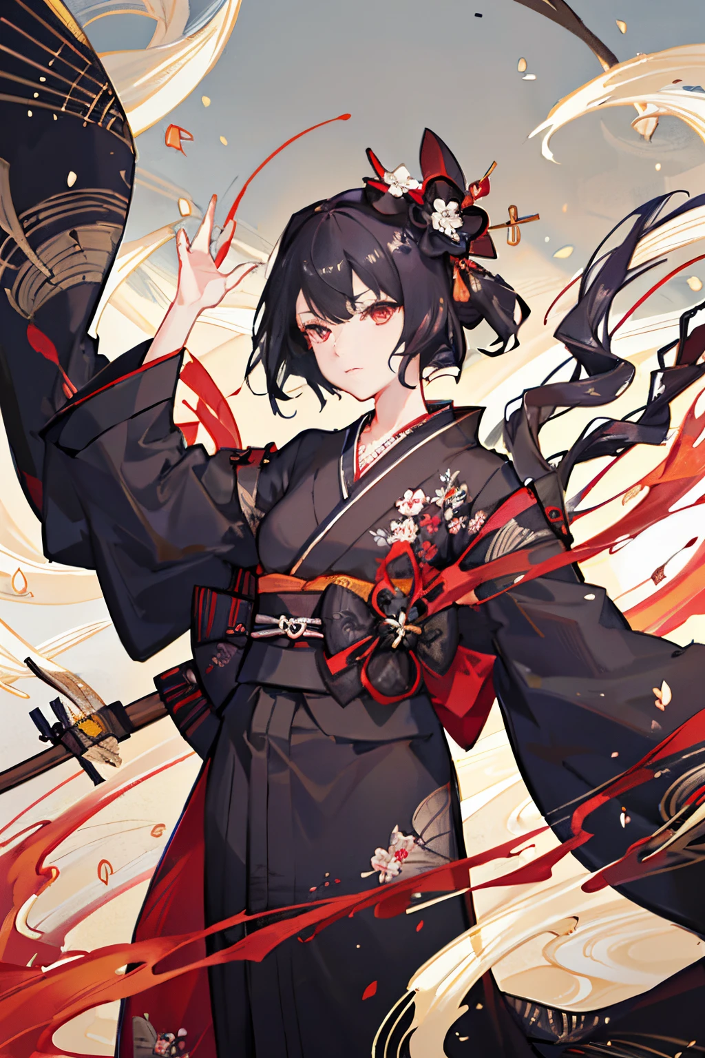 black kimono, hakama skirt, partially fingerless gloves, muneate 1 girl in, solo, archery,bow,Arrow, {{{Ukiyo-e_style}}},{{flat_style}},{simple_colors},{{{masterpiece}}},{katsushika_hokusai},long_hair,hair_flower,{{black_hair}},red_eyes,{chinoiserie},{{{best_quality}}},kimono,{{ultra-detailed}},{illustration},Maple_leaves_flying,{{1girl}},{{{solo}}},{{an_extremely_delicate_and_beautiful}},blank_stare,close_to_viewer,{breeze},{Flying_splashes},{Flying_petals},wind,{Gorgeous and rich graphics}