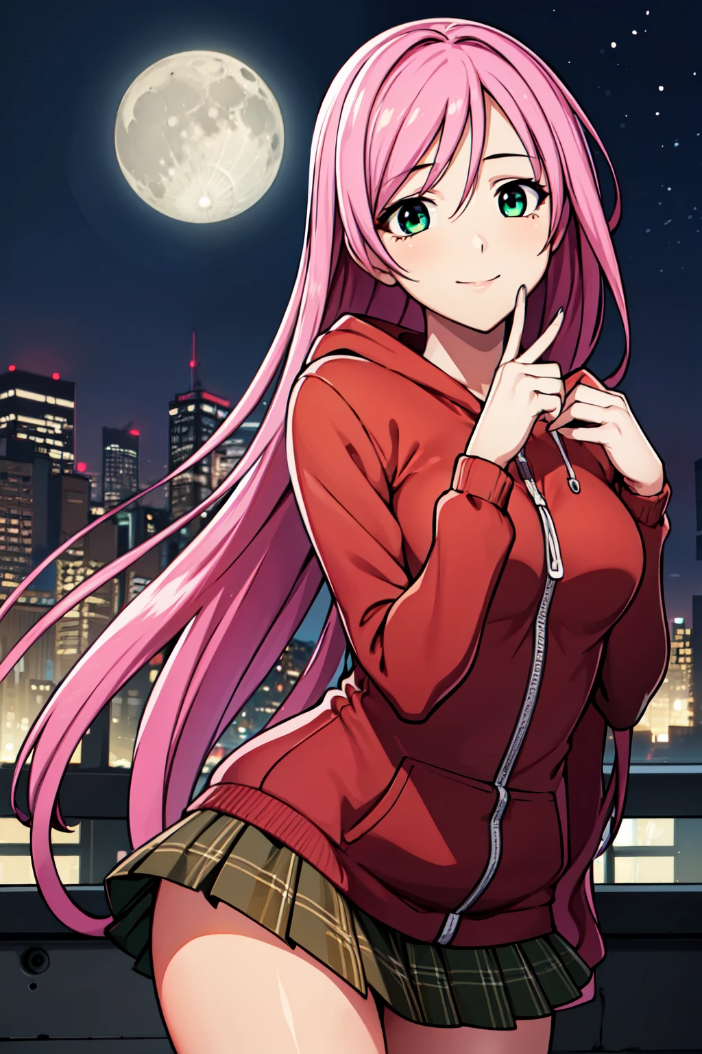 1 girl, Long pink hair, green eyes with slit pupils, small breasts, master-piece, best quality,  proportional body, proportional,  Wear a short black hoodie hood, Check plaid skirt, deep in the night, Moon Night, The rooftop of a building overlooking the city, Night sky with the moon shining, photon mapping, Radio City, shinny skin, sexy facial expression, Make eye contact with the camera, (light_Smile:1.5), (Detailed hands and fingers:1.2)