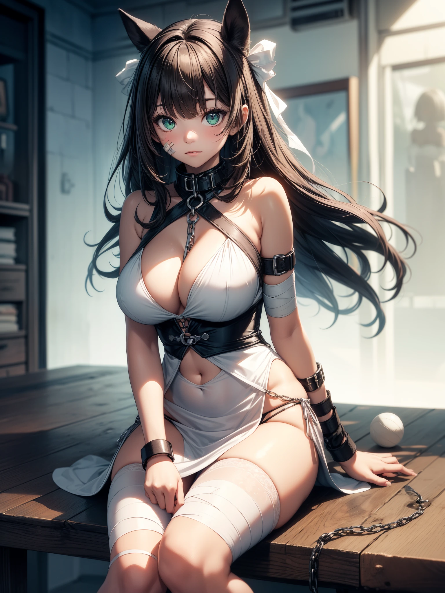 tmasterpiece,Extremely Delicately Beautiful,Amzin,The file size huge,Detailed wallpapers,1个Giant Breast Girl,animal collar,Ball and chain restraint,Face wrapped in bandages,Bandaged arm,bandagens,Adhesive bandage,There a band-aid on the arm,Band-aid on cheek,Put a band-aid on your face,Have a band-aid on your hand,Band- on the knees,Band-aid wrapped around leg,By bangs,of shoulders,Be red in the face,shackle,Bind your arms,the bow,nipple chain,a skirt,dress lift,Eyebrows visible through hair,green-eyed,greybackground,hair pin,Cardioid lock,thongs,long whitr hair,looking at viewert,metalcollar,navel,ribbons,manacles,slaves,Sleeveless,sleevelessdress,Alone,Raise your legs,dual horsetail,Very long hair,White dress,White tights,white ribbons,(deactivated),(((The right tone for focus and character,((depth of fields)),(The best light)