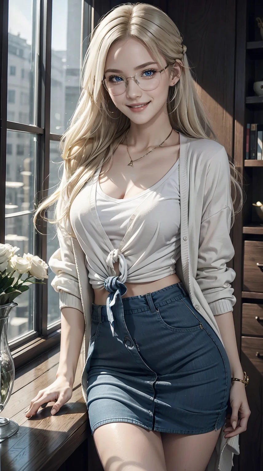 25-year-old Caucasian woman、ash blonde、blue eyess、Longhaire、I use a hair band to tie my hair together、a smile、accessories on the wrist、Slender but well-proportioned muscular body、a smile、Breasts are big、Wearing a cardigan、wearing a loose skirt、I'm looking for a book on the bookshelf by the window in the living room.、a smile、wears glasses with thin frames、a smile