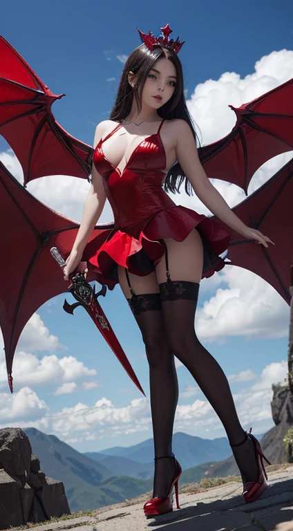 1 vampire Girl. Beautiful vampire girl. super beautiful body. red dress. red high heels. red shine. crown. ((vampire Wings)). sexy. (((standing on the cloud ))). Vampire horns. red eyes. powerful cool. Plump breasts. holding the gun of the law. Holding the sword of the law